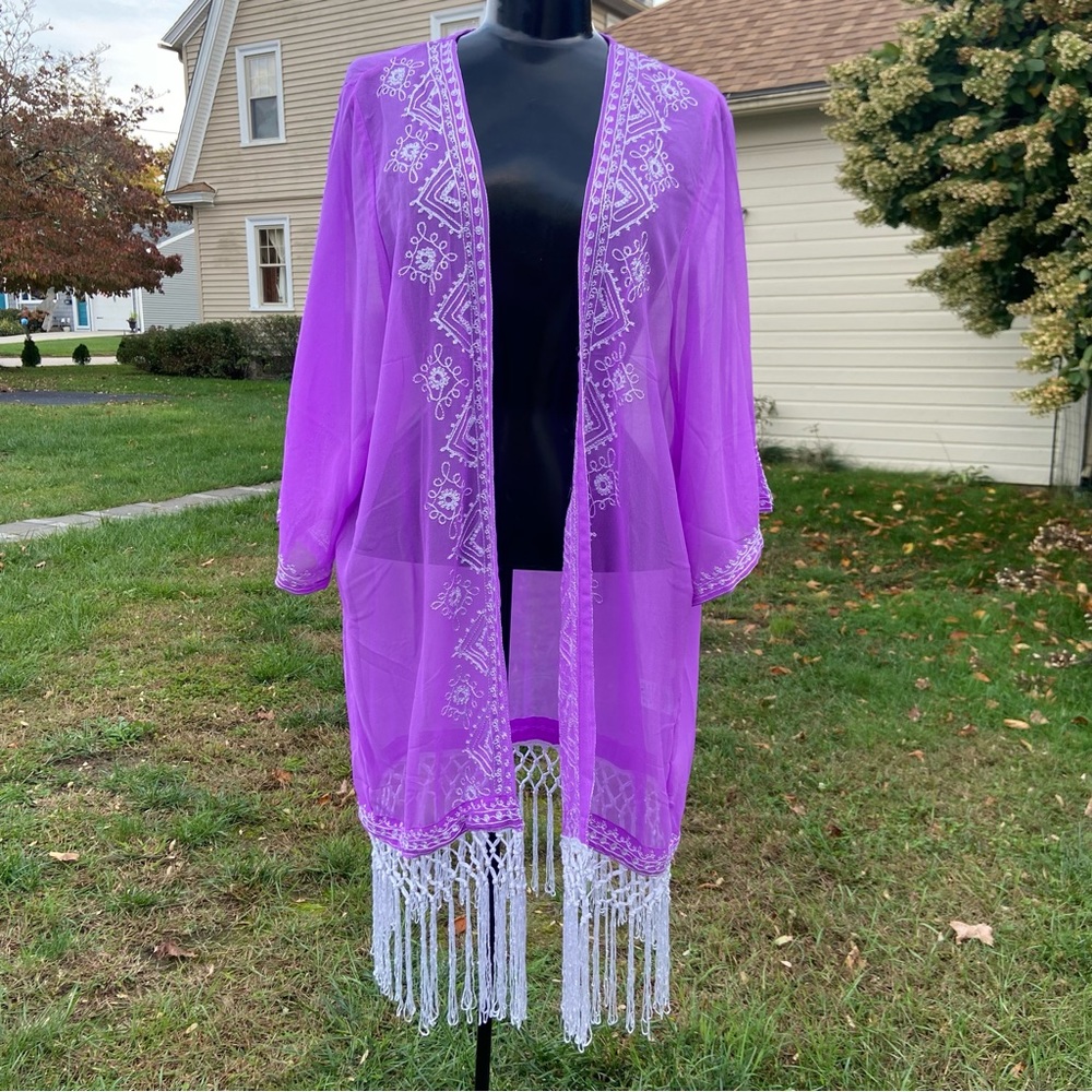 Beach by Exist vintage beach coverup cardigan kimono embroidered tassel trim
